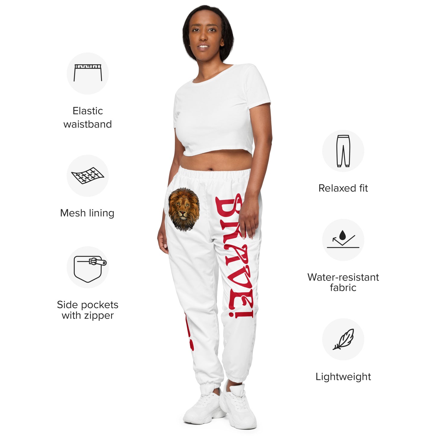 “BRAVE!”White Unisex Track Pants W/Red Font