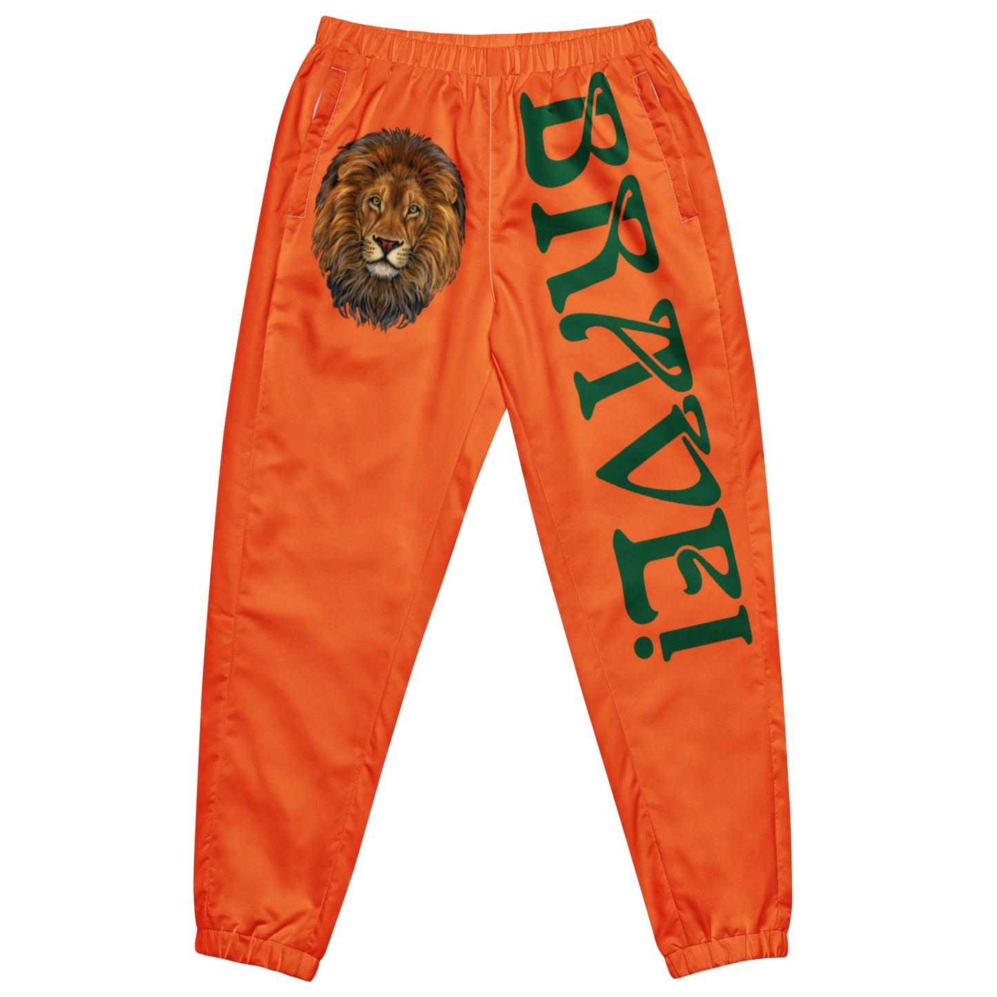 “BRAVE!”Orange Unisex Track Pants W/Green Font