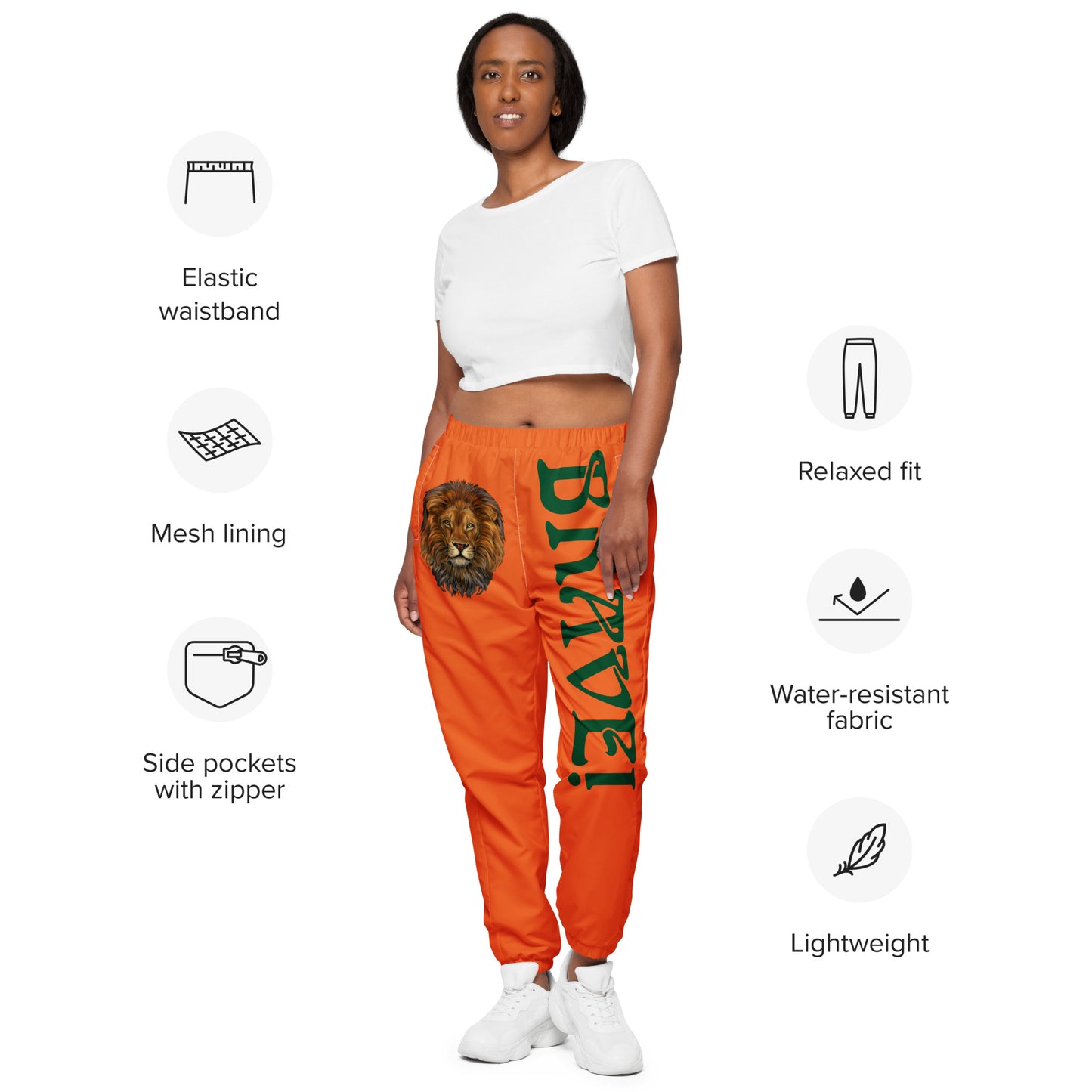 “BRAVE!”Orange Unisex Track Pants W/Green Font