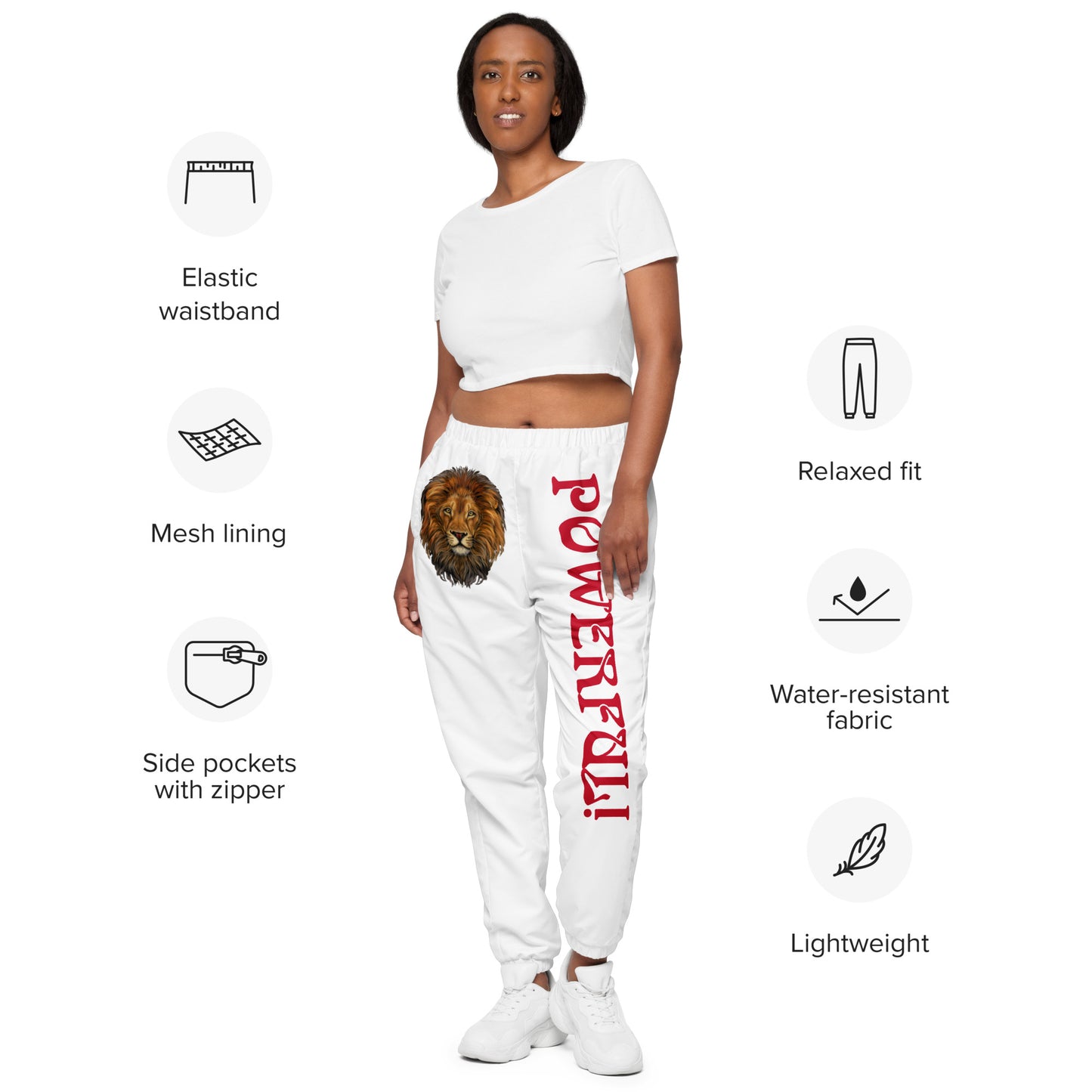 “POWERFUL!”White Unisex Track Pants W/Red Font