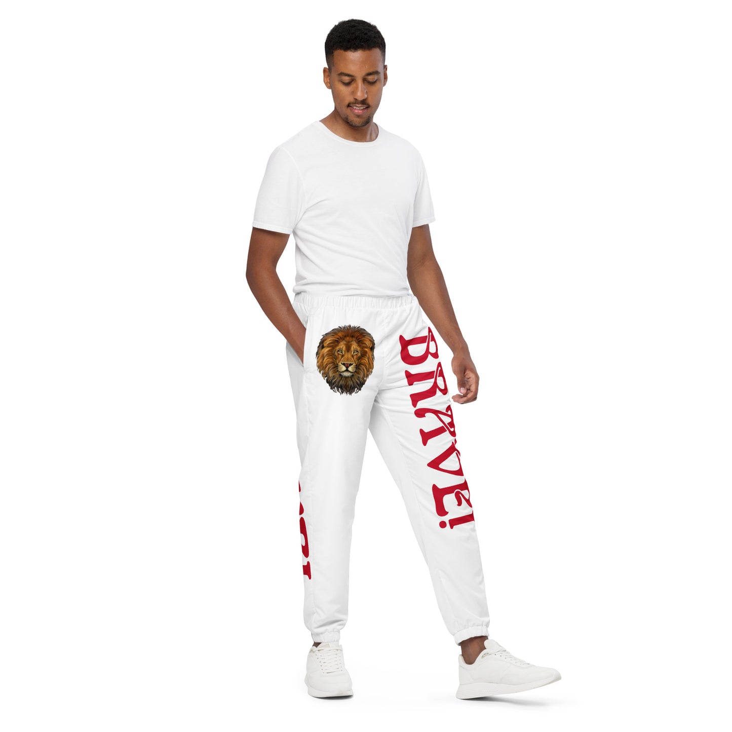 “BRAVE!”White Unisex Track Pants W/Red Font