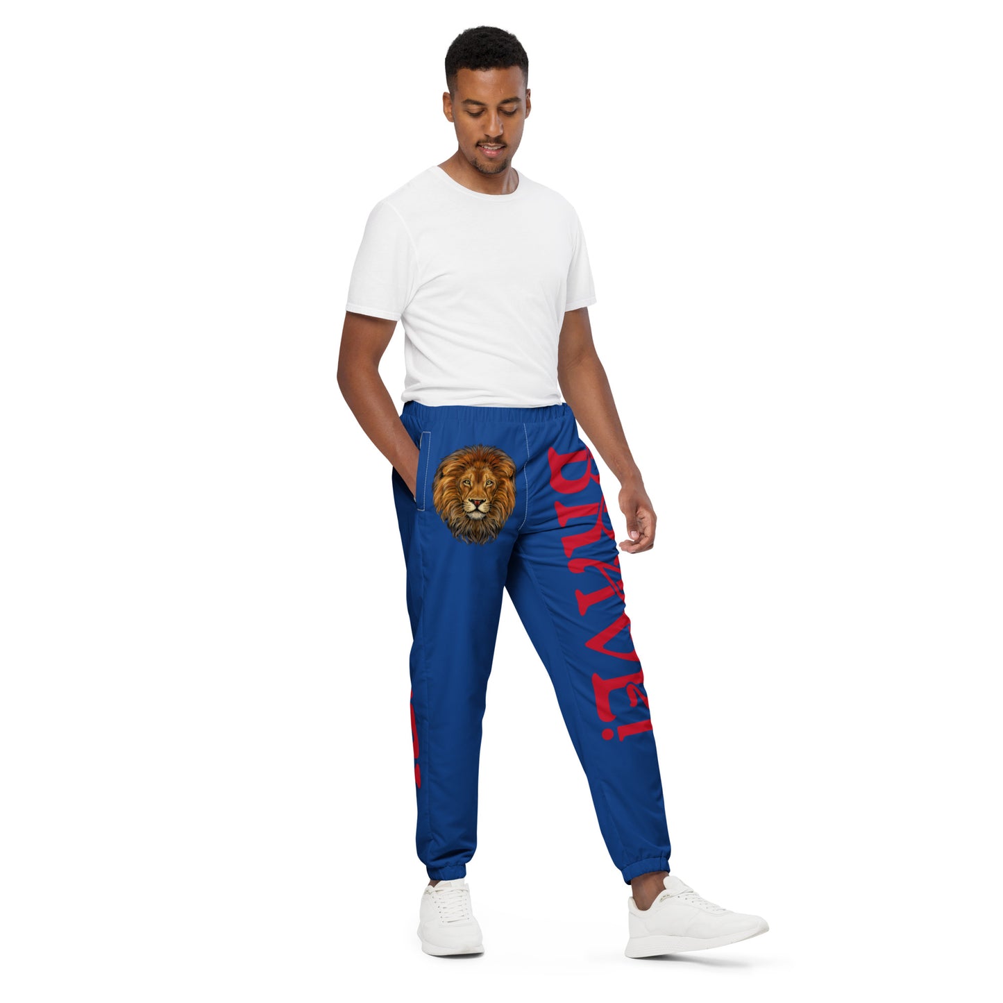 “BRAVE!”Blue Unisex Track Pants W/Red Font