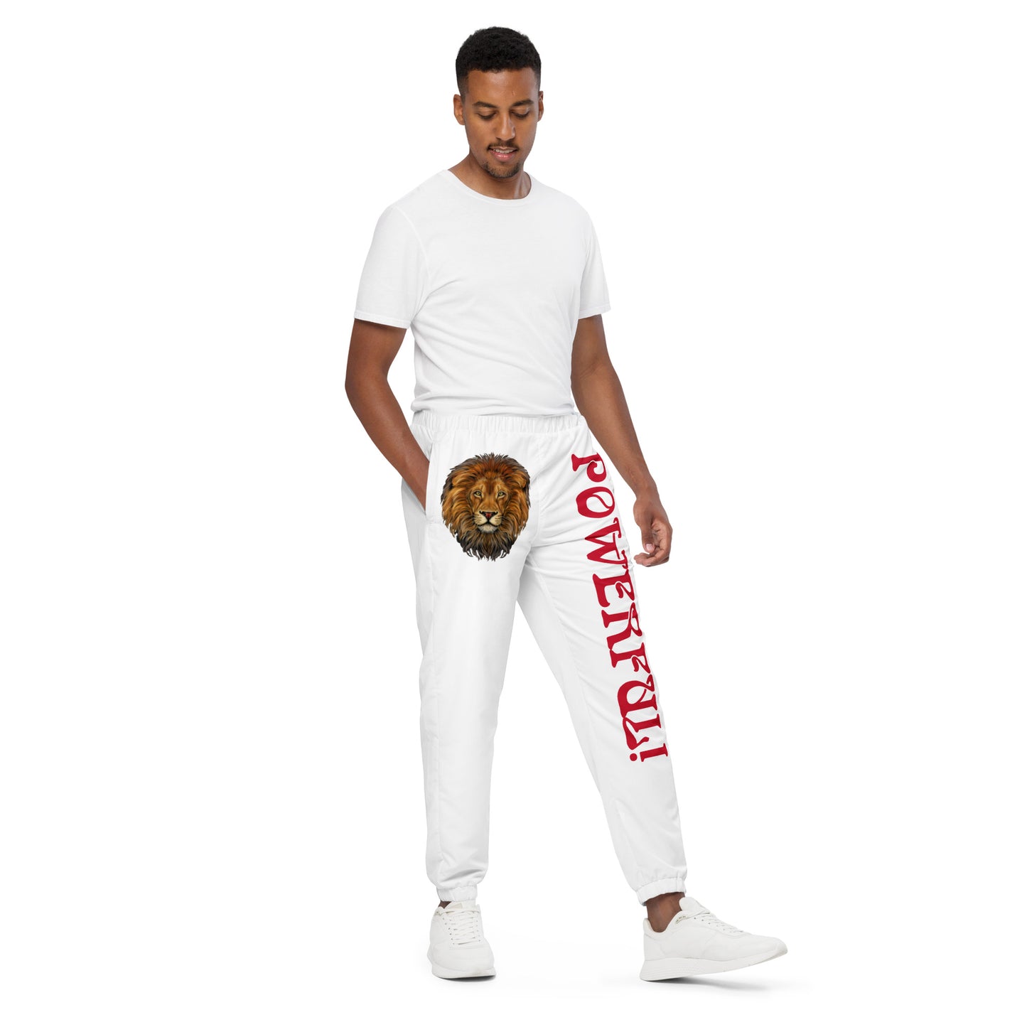 “POWERFUL!”White Unisex Track Pants W/Red Font