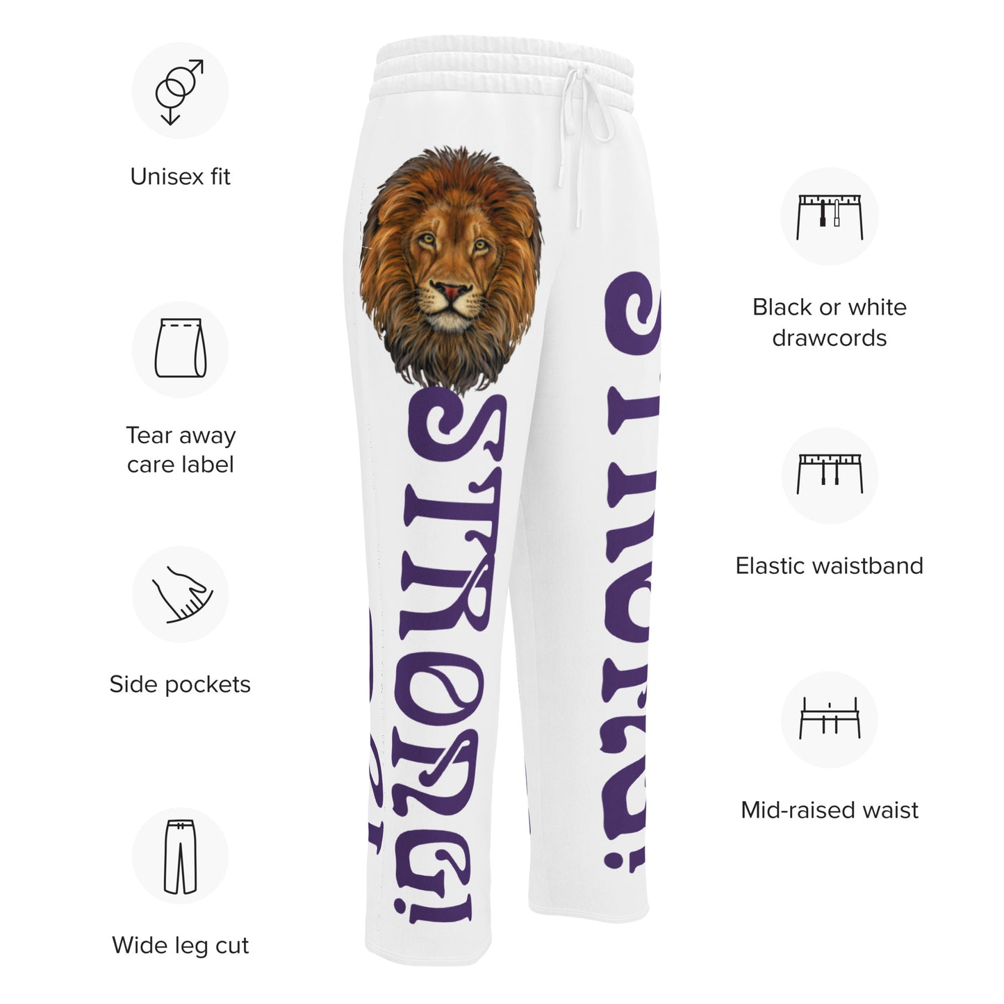 “STRONG!” White Wide-Leg Joggers W/Purple Font