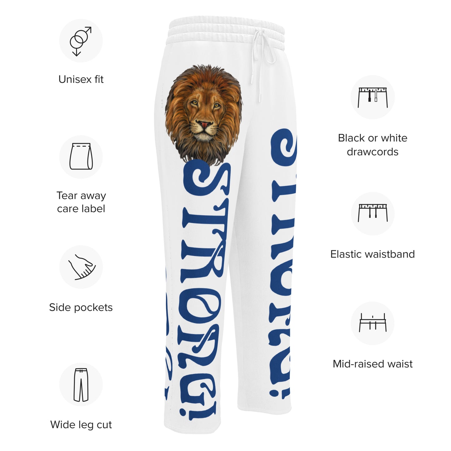 “STRONG!” White Wide-Leg Joggers W/Navy Font