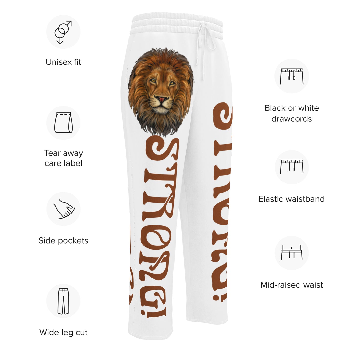 “STRONG!” White Wide-Leg Joggers W/Brown Font