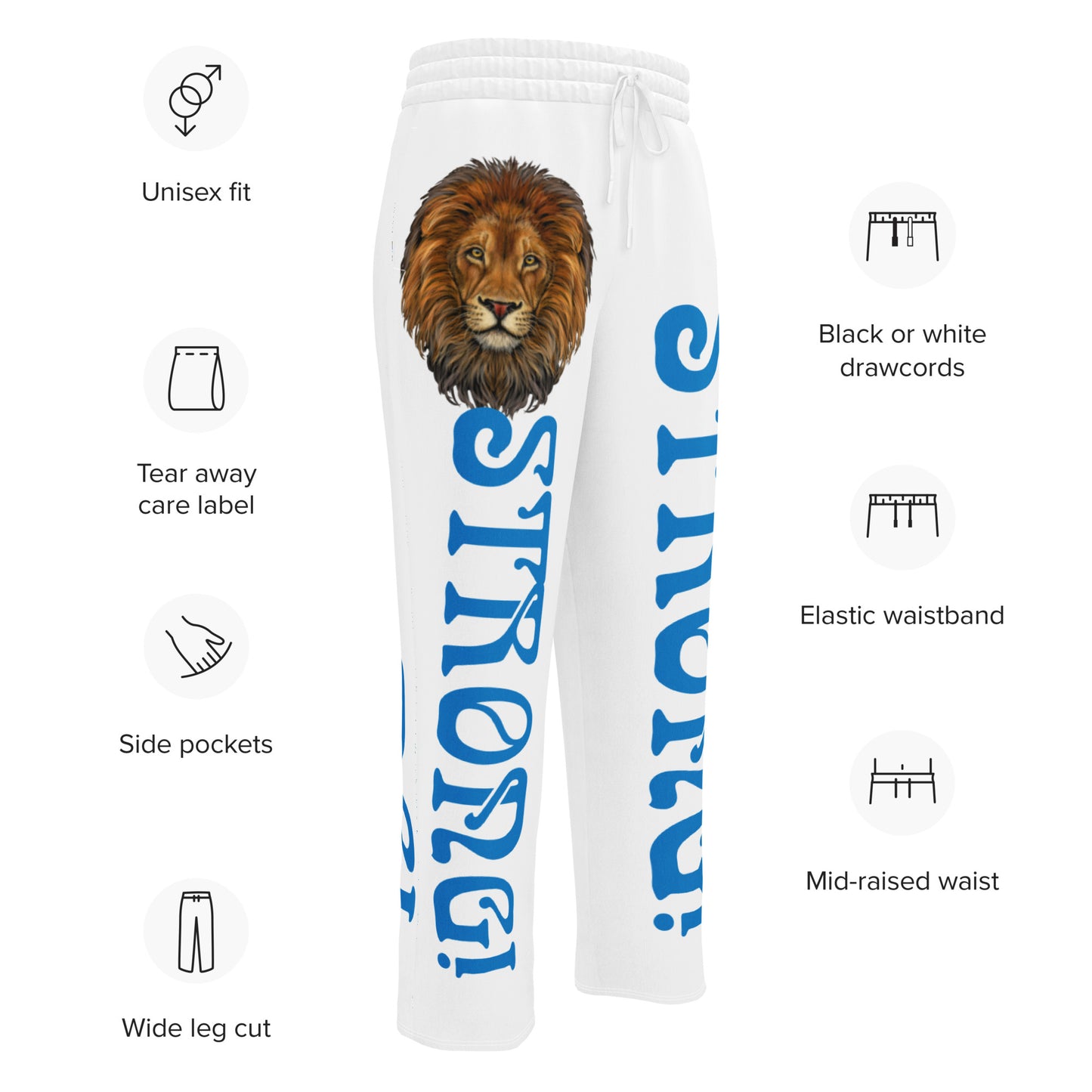 “STRONG!” White Wide-Leg Joggers W/Blue Font