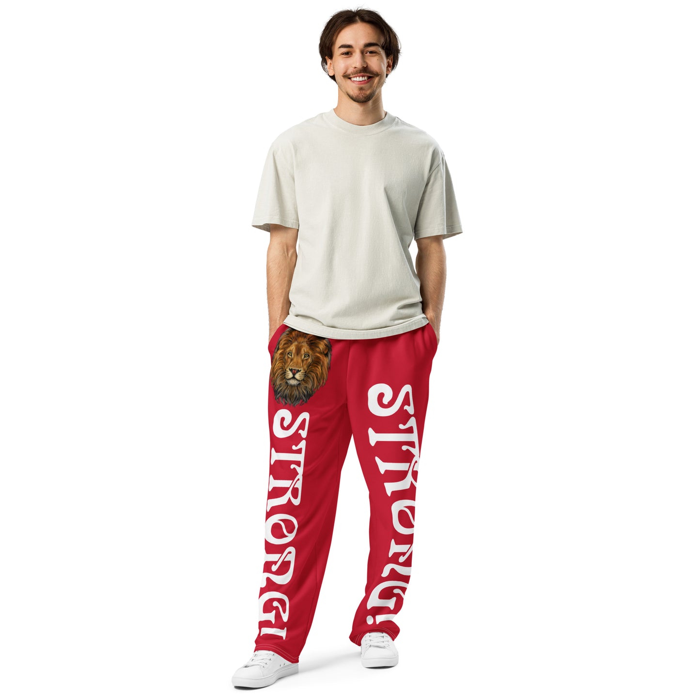 “STRONG!” Red Wide-Leg Joggers W/White Font