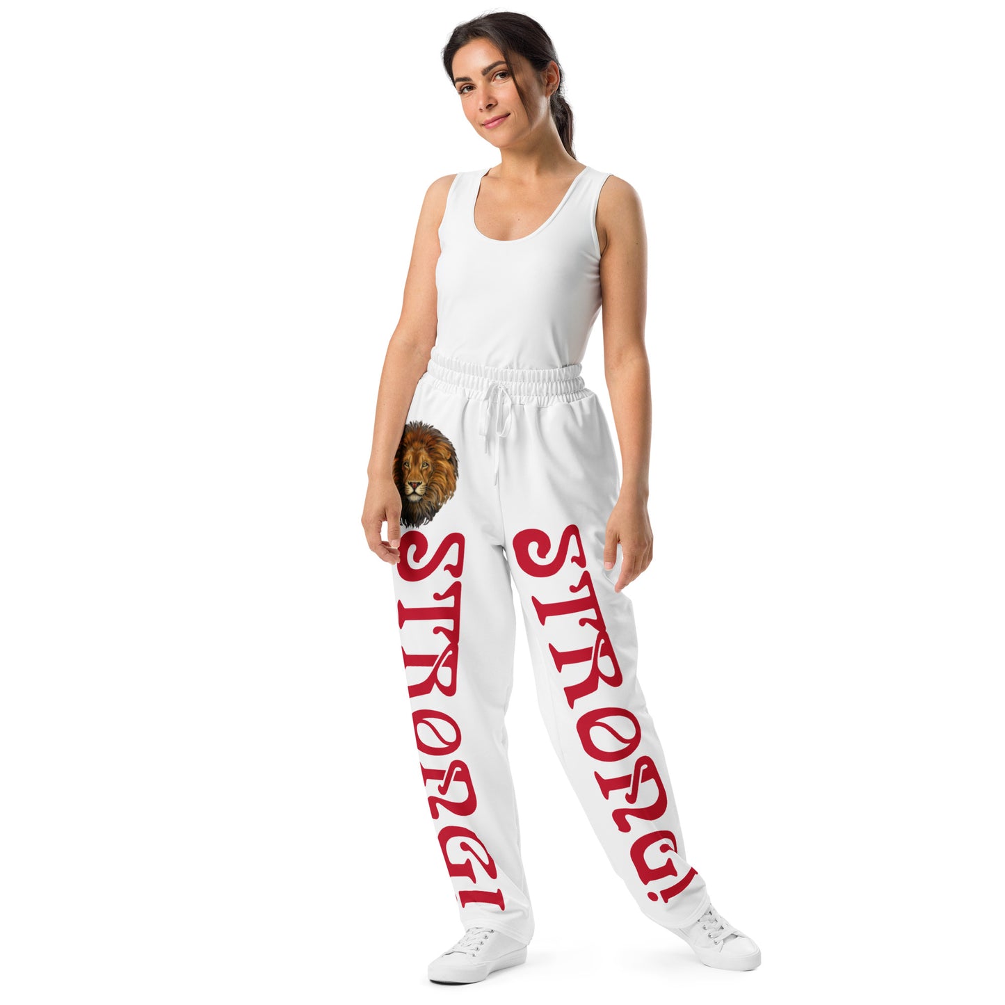 “STRONG!” White Wide-Leg Joggers W/Red Font