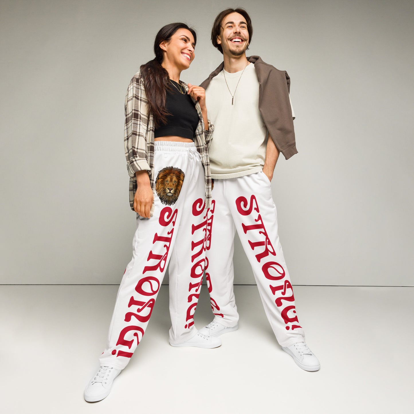 “STRONG!” White Wide-Leg Joggers W/Red Font