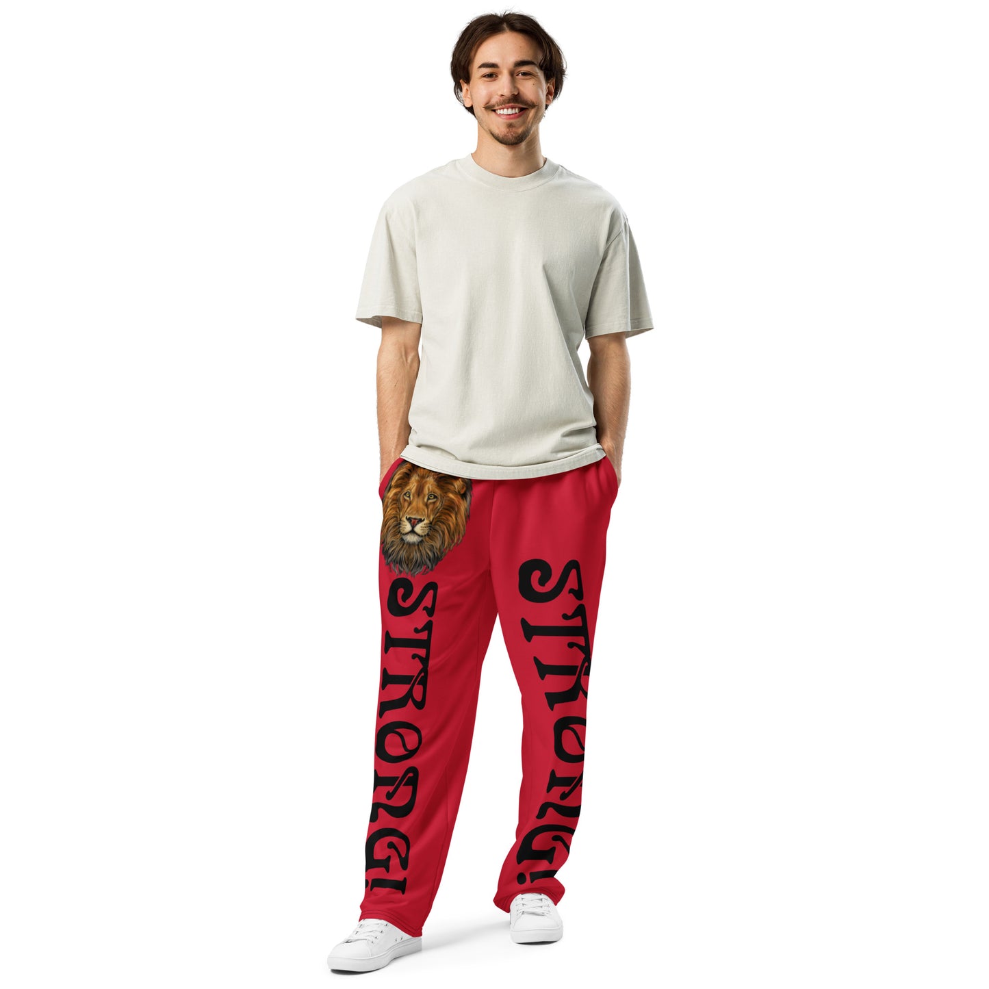 “STRONG!”Red Wide-Leg Joggers W/Black Font