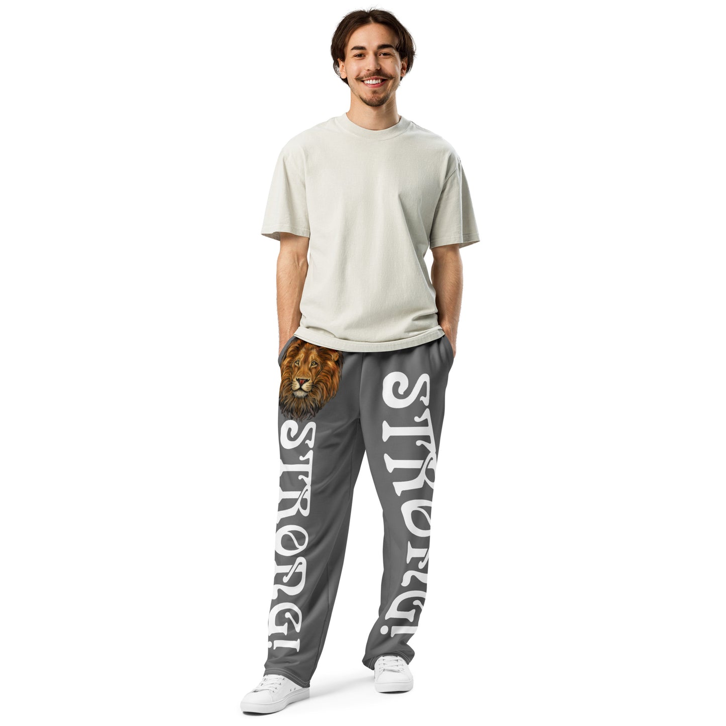 “STRONG”Grey Wide-Leg Joggers W/White Font