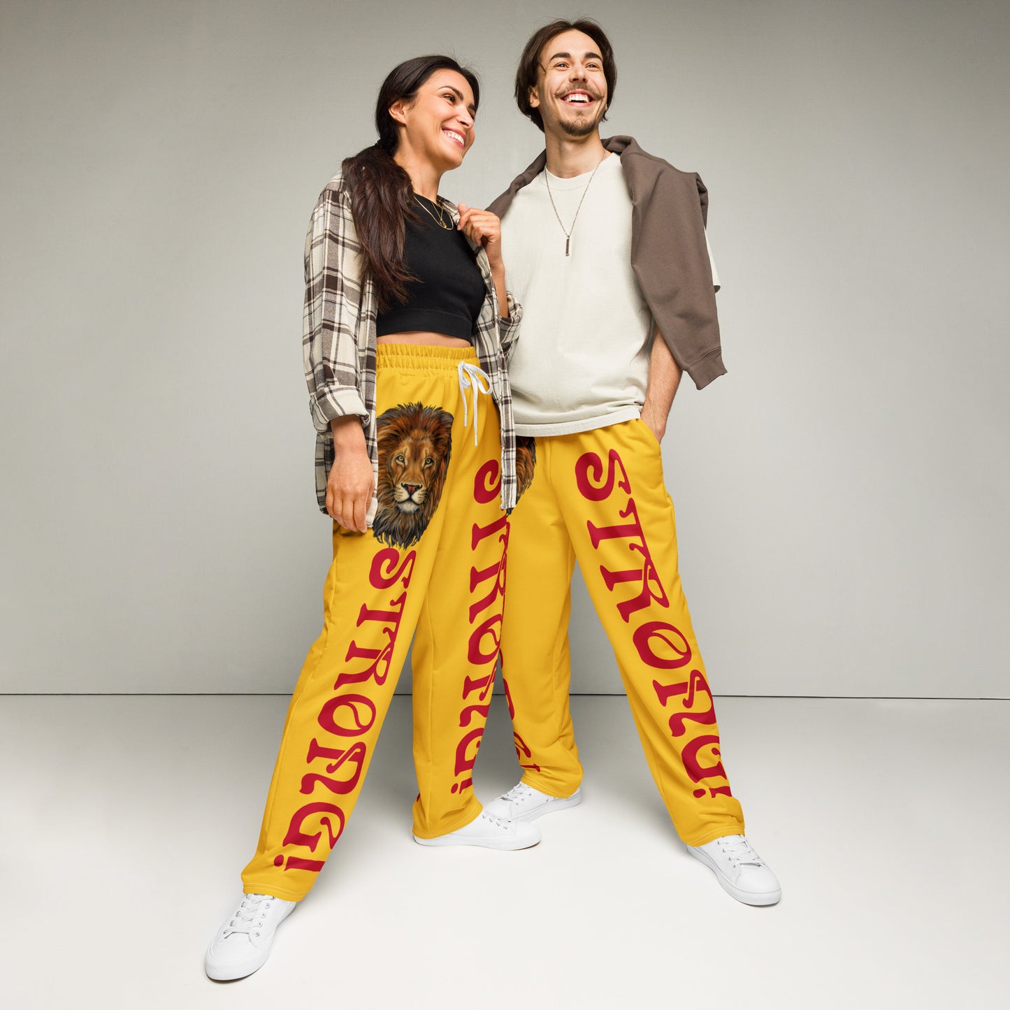 “STRONG!”Yellow Wide-Leg Joggers W/Red Font