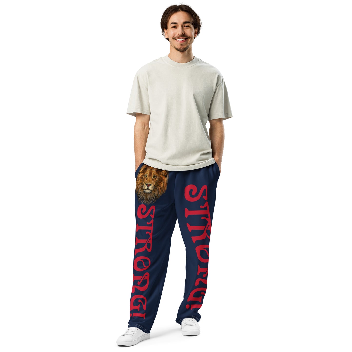 “STRONG!” Navy Wide-Leg Joggers W/Red Font