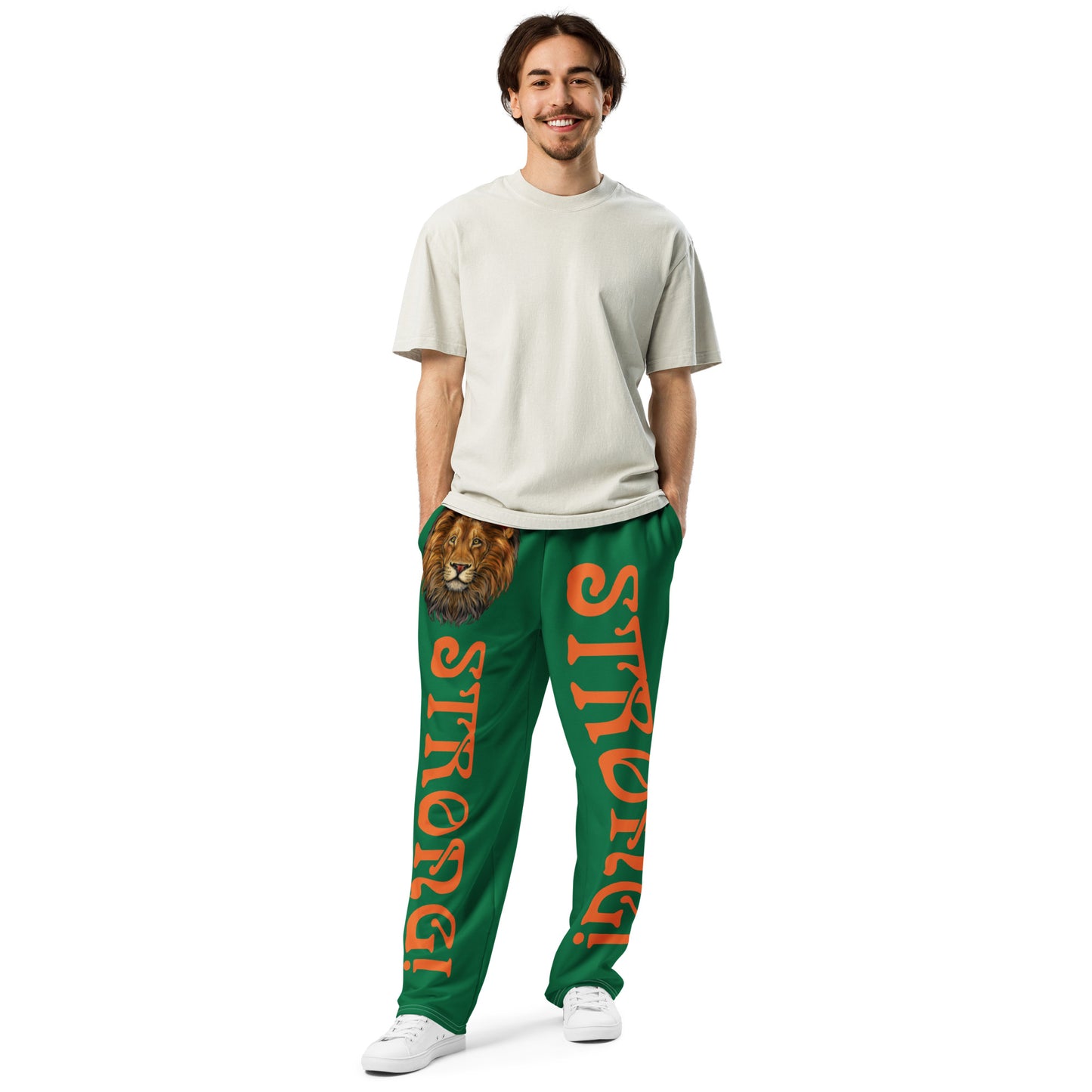 “STRONG!”Green Wide-Leg Joggers W/Orange Font