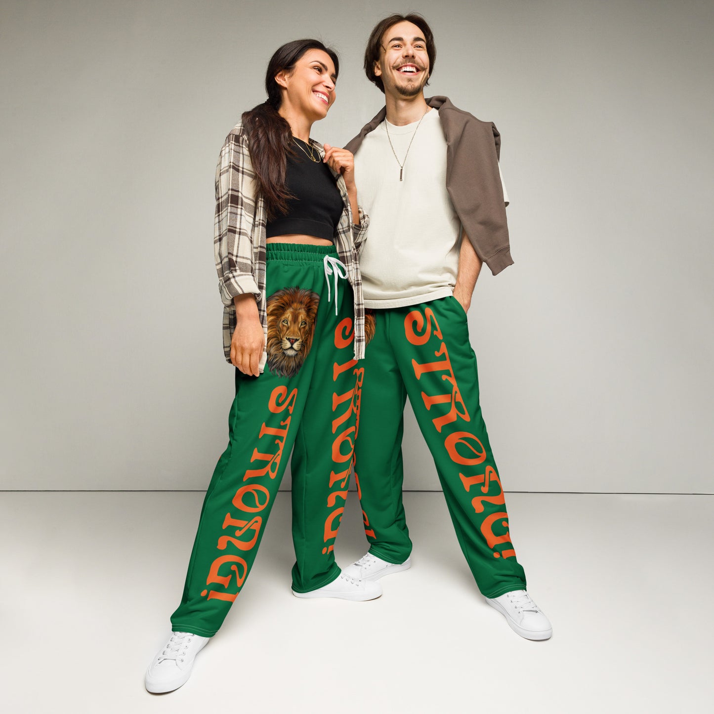 “STRONG!”Green Wide-Leg Joggers W/Orange Font