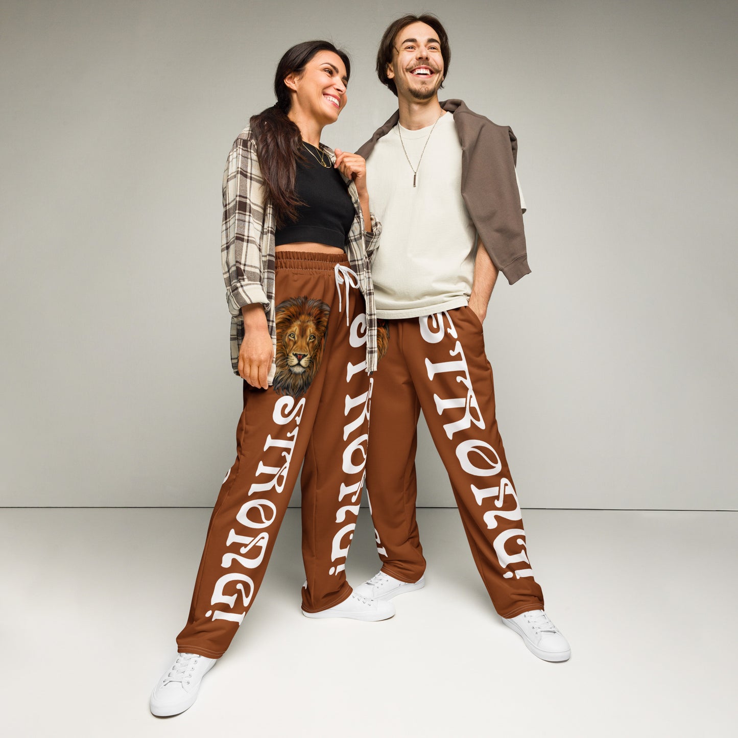 “STRONG!” Brown Wide-Leg Joggers W/White Font