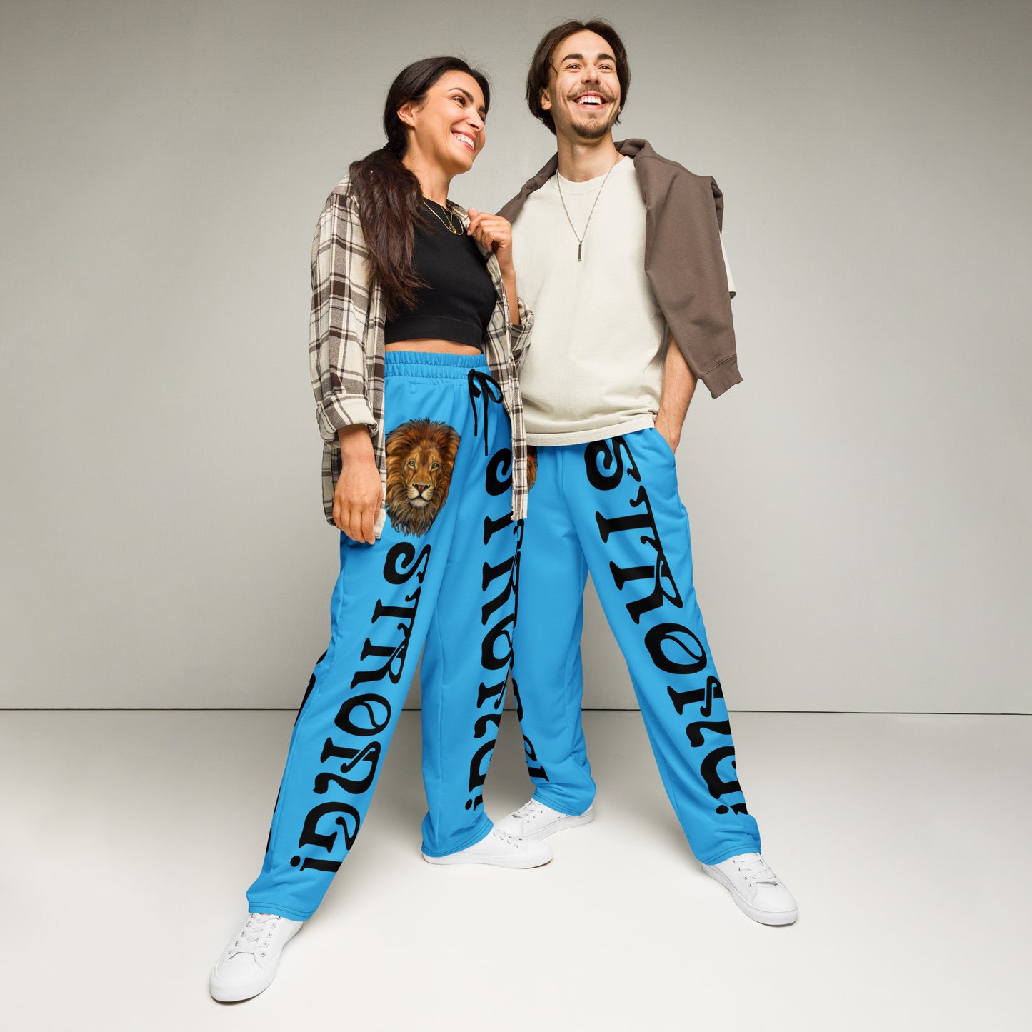 “STRONG!”SkyBlue Wide-Leg Joggers W/Black Font