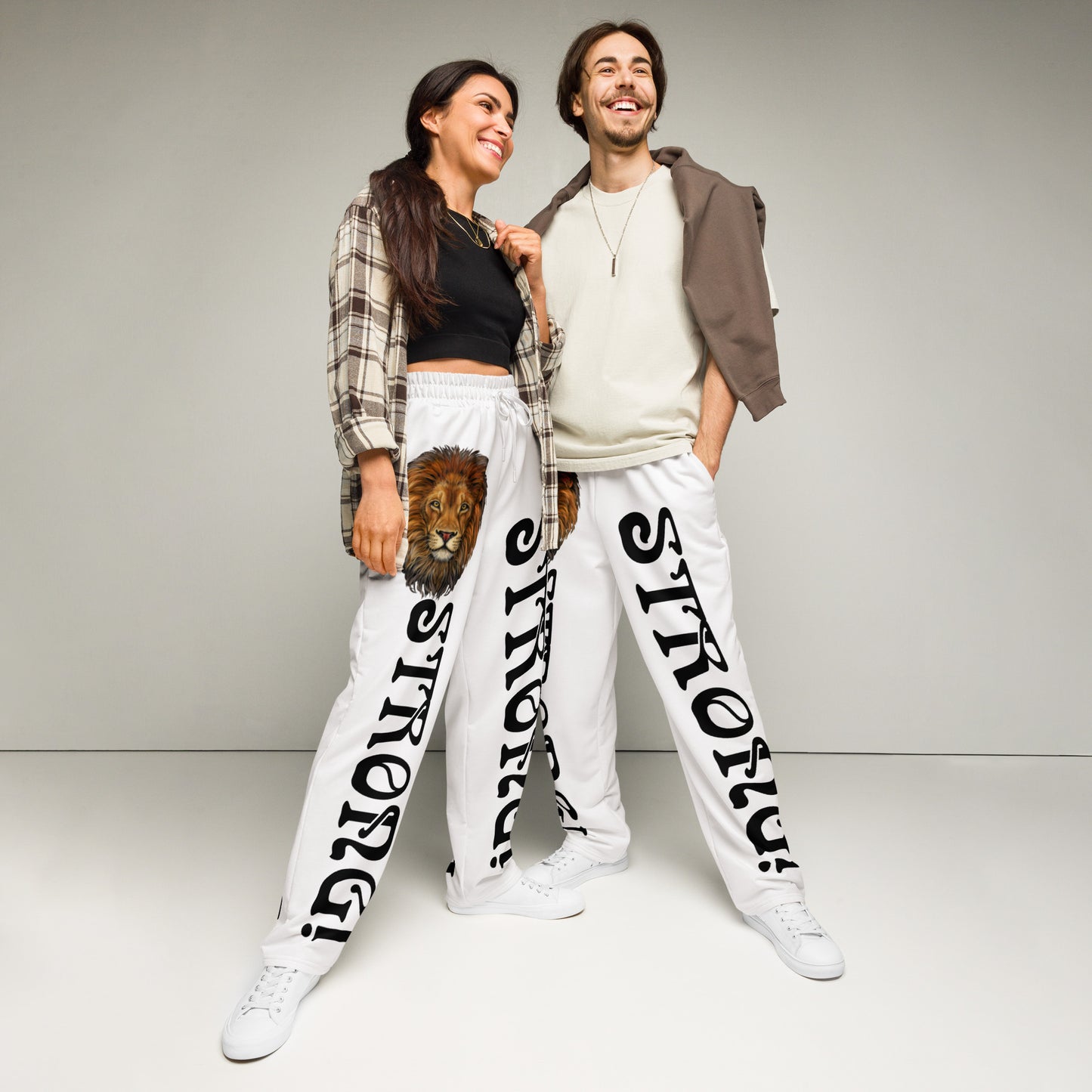 “STRONG!” White Wide-Leg Joggers W/Black Font