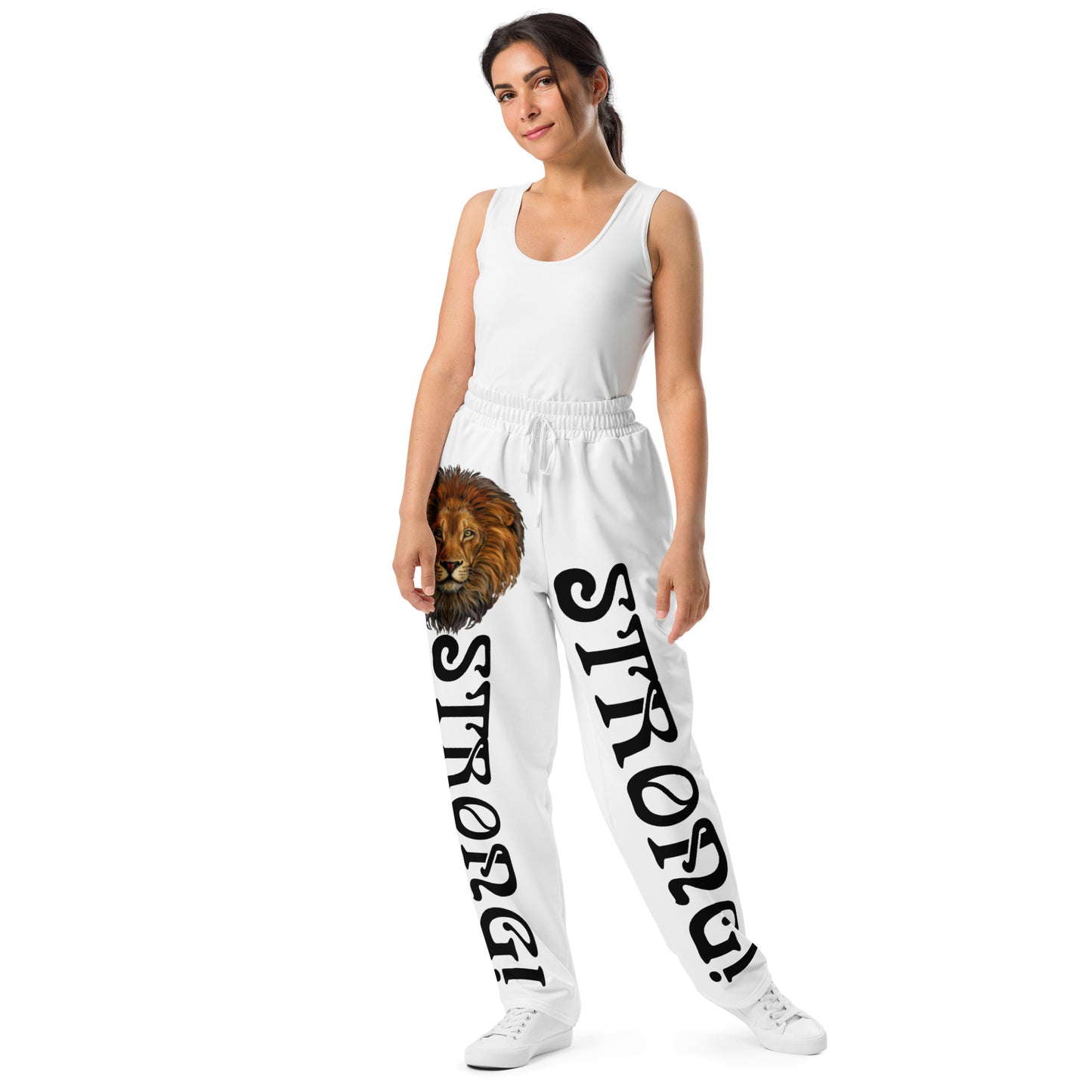 “STRONG!” White Wide-Leg Joggers W/Black Font