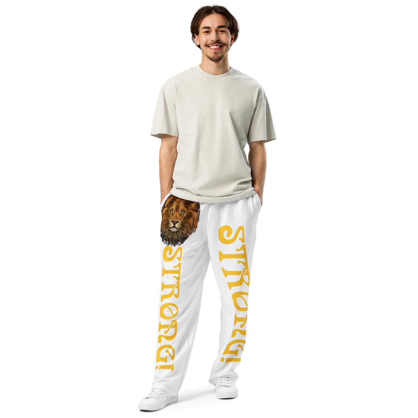 “STRONG!” White Wide-Leg Joggers W/Yellow Font