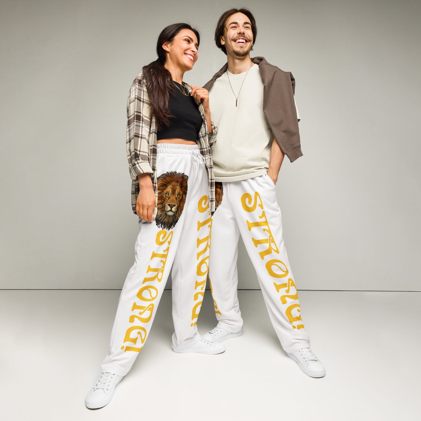 “STRONG!” White Wide-Leg Joggers W/Yellow Font