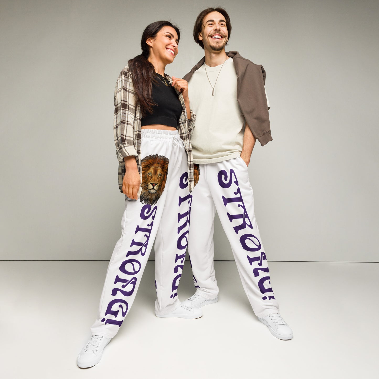 “STRONG!” White Wide-Leg Joggers W/Purple Font