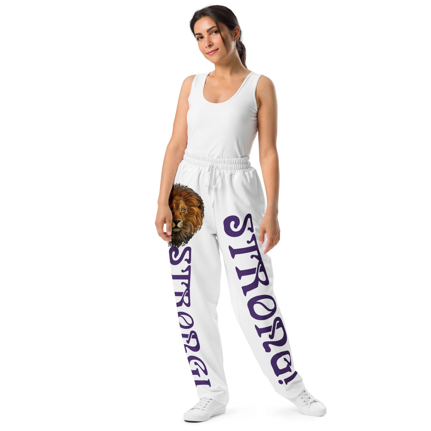 “STRONG!” White Wide-Leg Joggers W/Purple Font