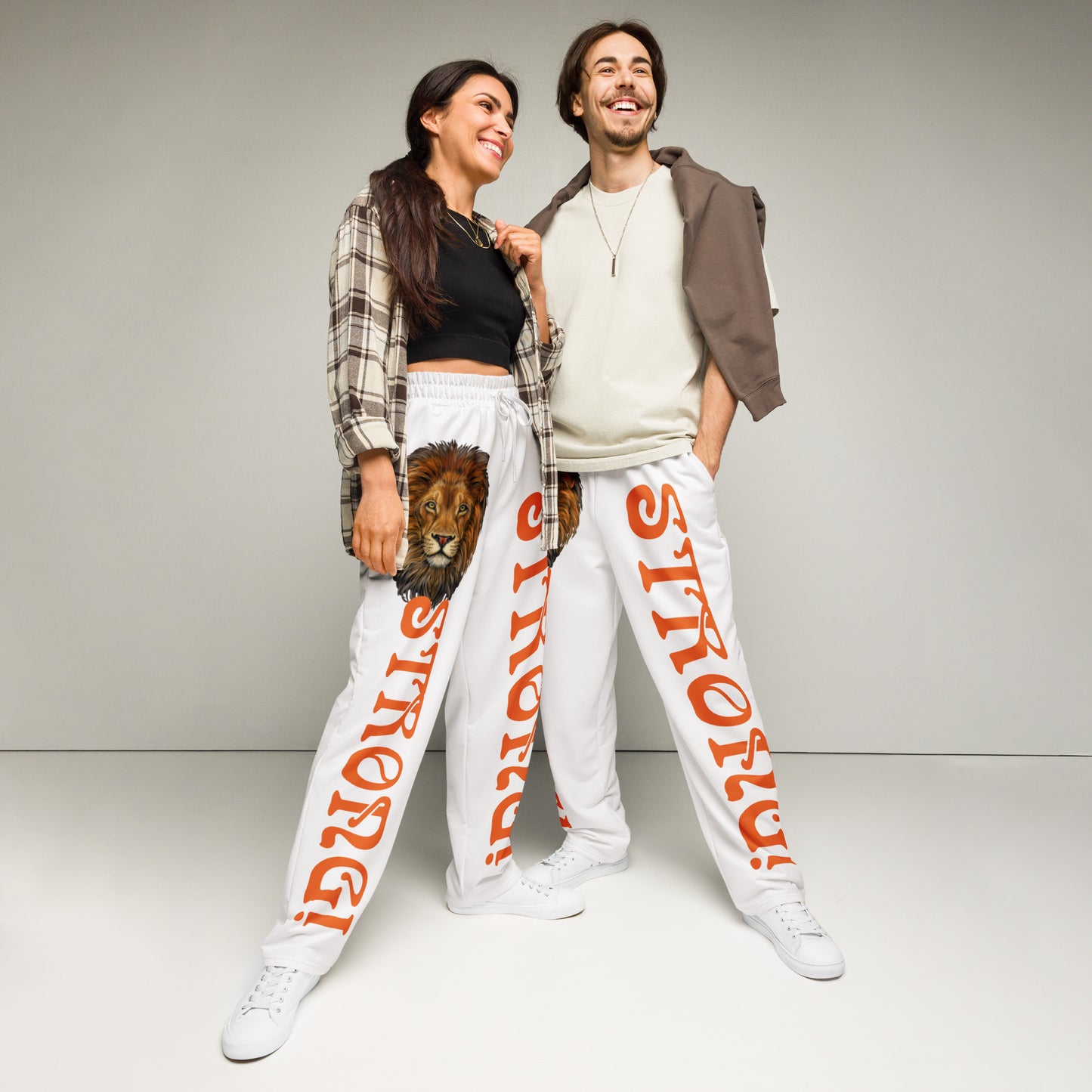 “STRONG!” White Wide-Leg Joggers W/Orange Font