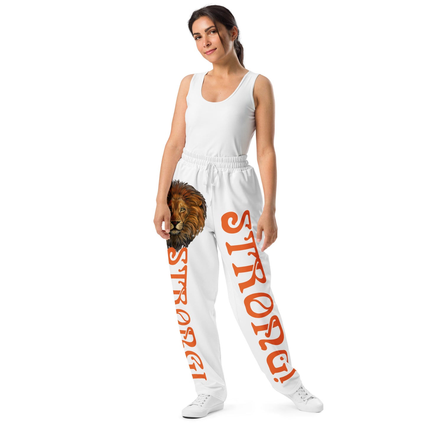 “STRONG!” White Wide-Leg Joggers W/Orange Font