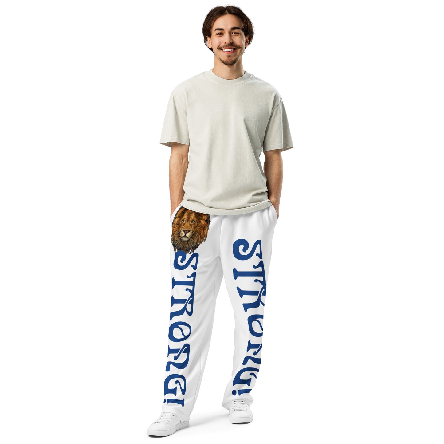 “STRONG!” White Wide-Leg Joggers W/Navy Font