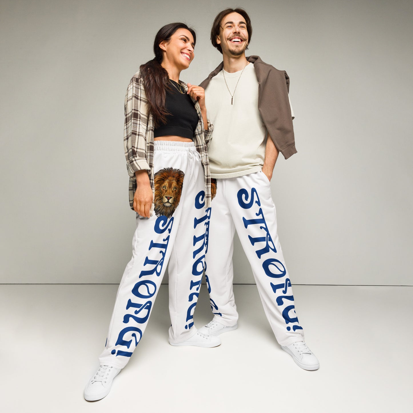 “STRONG!” White Wide-Leg Joggers W/Navy Font