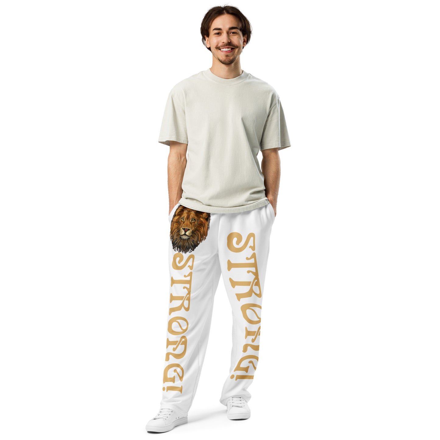 “STRONG!” White Wide-Leg Joggers W/Fawn Font