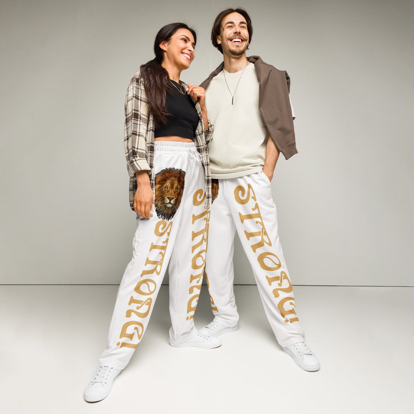 “STRONG!” White Wide-Leg Joggers W/Fawn Font