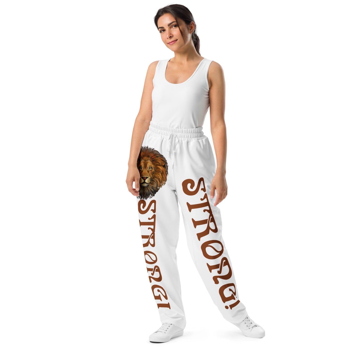 “STRONG!” White Wide-Leg Joggers W/Brown Font