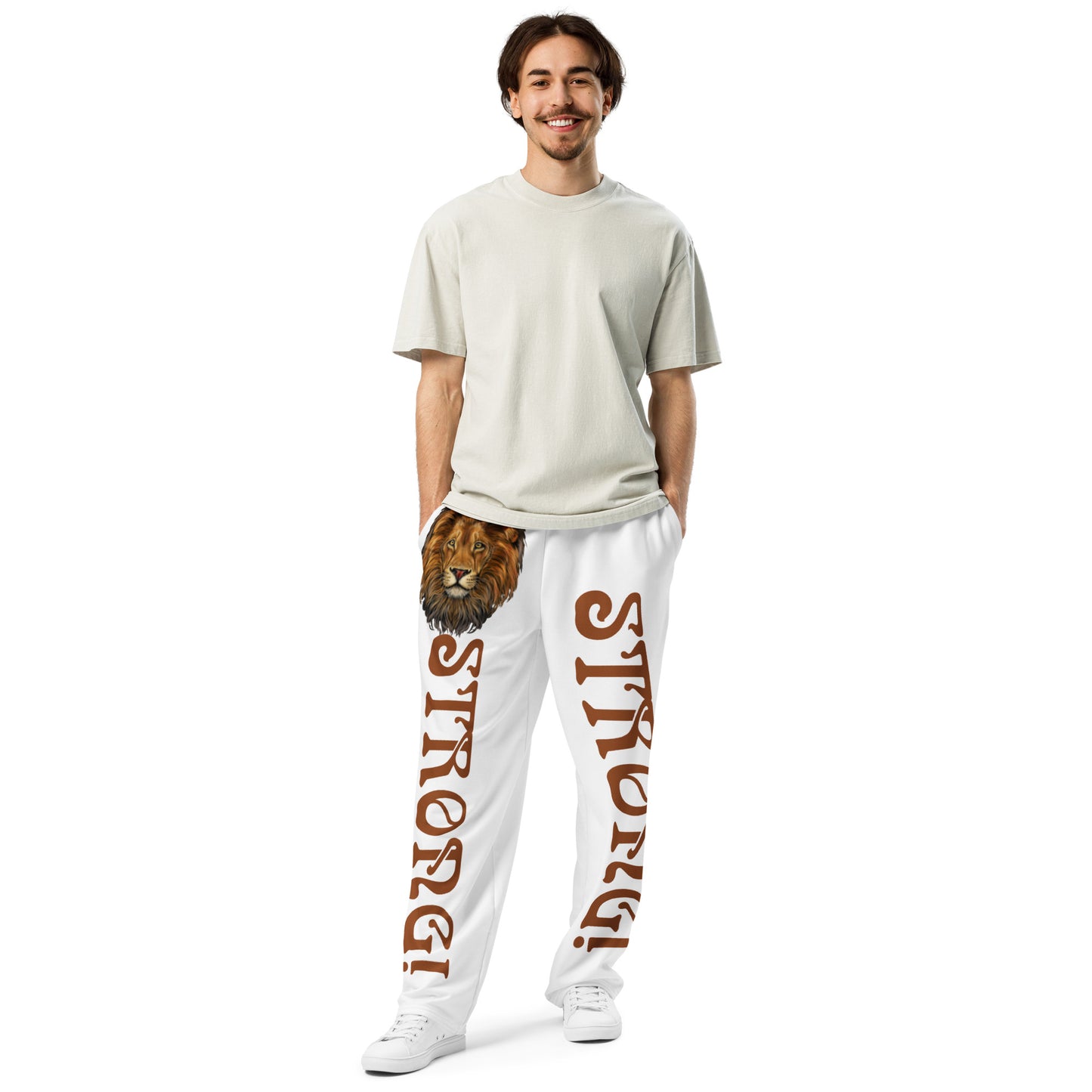 “STRONG!” White Wide-Leg Joggers W/Brown Font