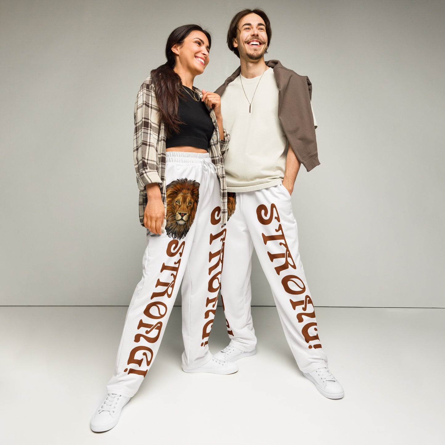 “STRONG!” White Wide-Leg Joggers W/Brown Font