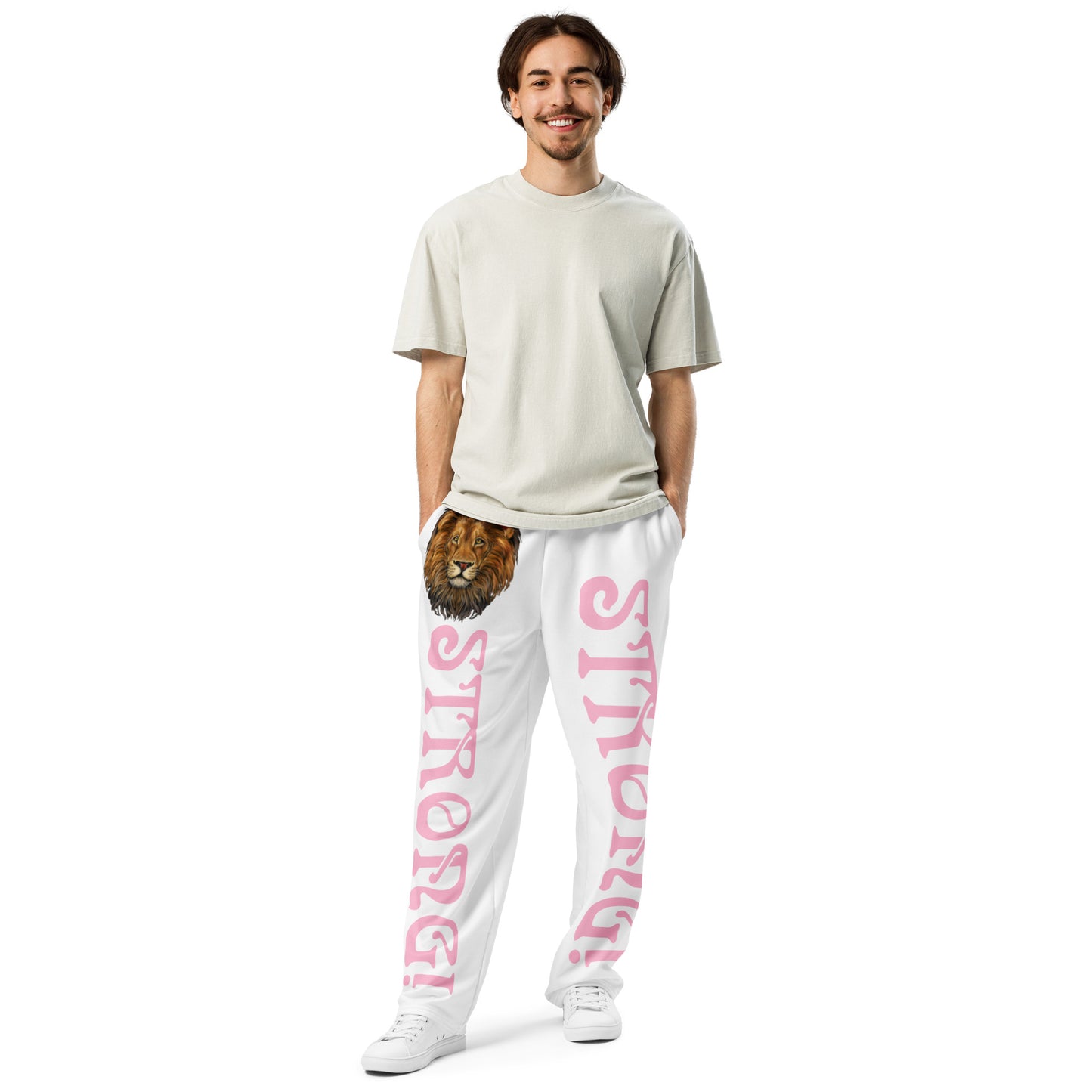 “STRONG!” White Wide-Leg Joggers W/Cotton Candy Font