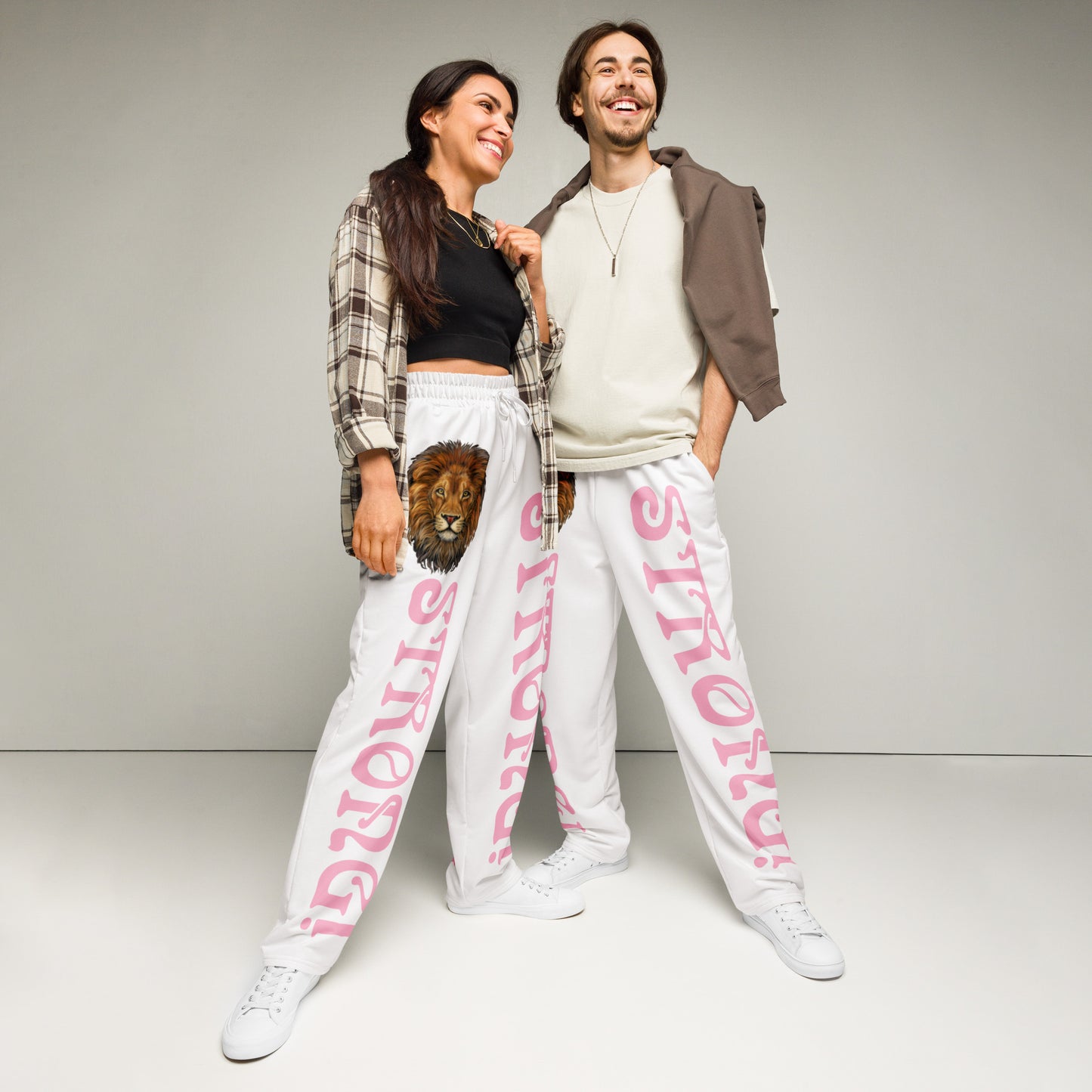 “STRONG!” White Wide-Leg Joggers W/Cotton Candy Font