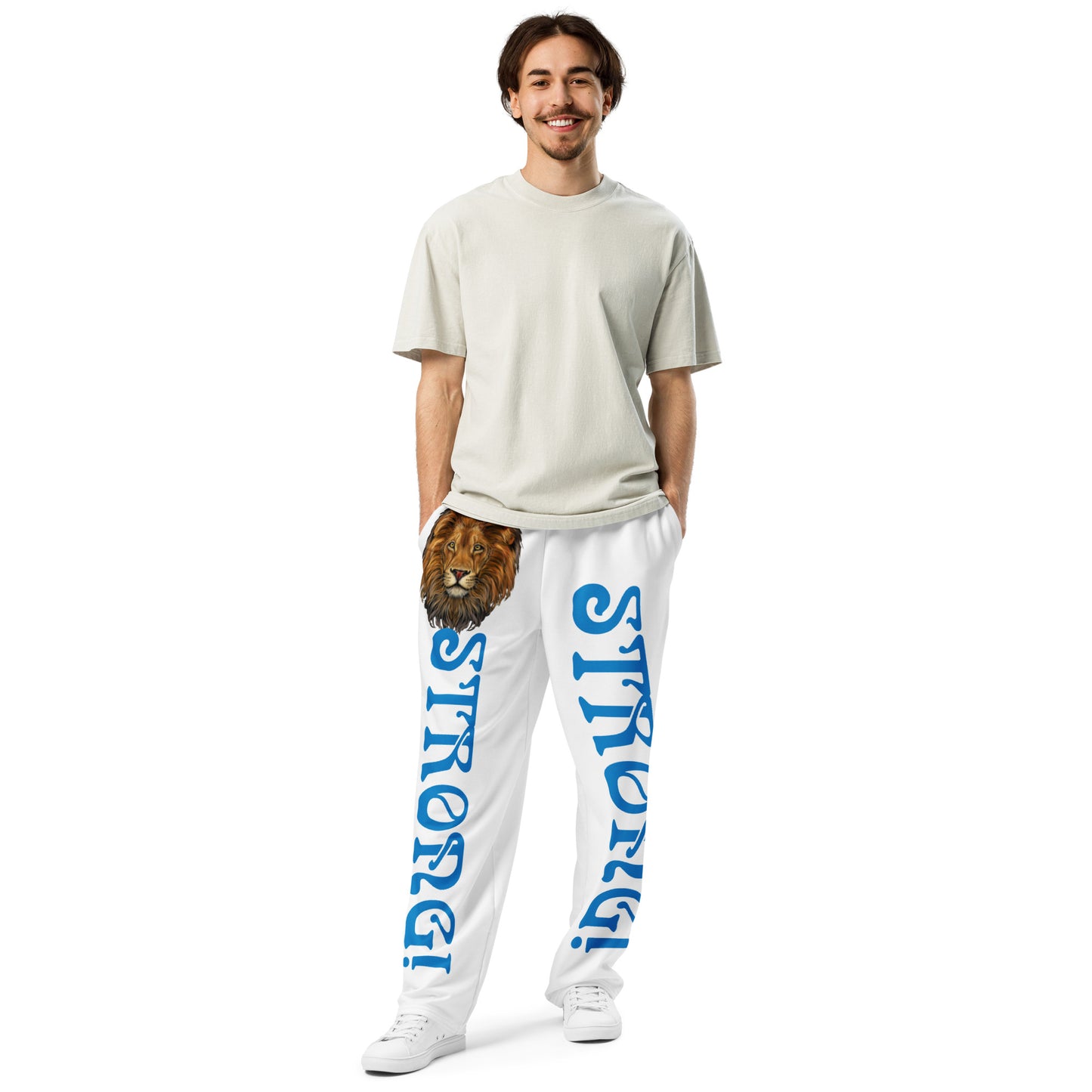 “STRONG!” White Wide-Leg Joggers W/Blue Font
