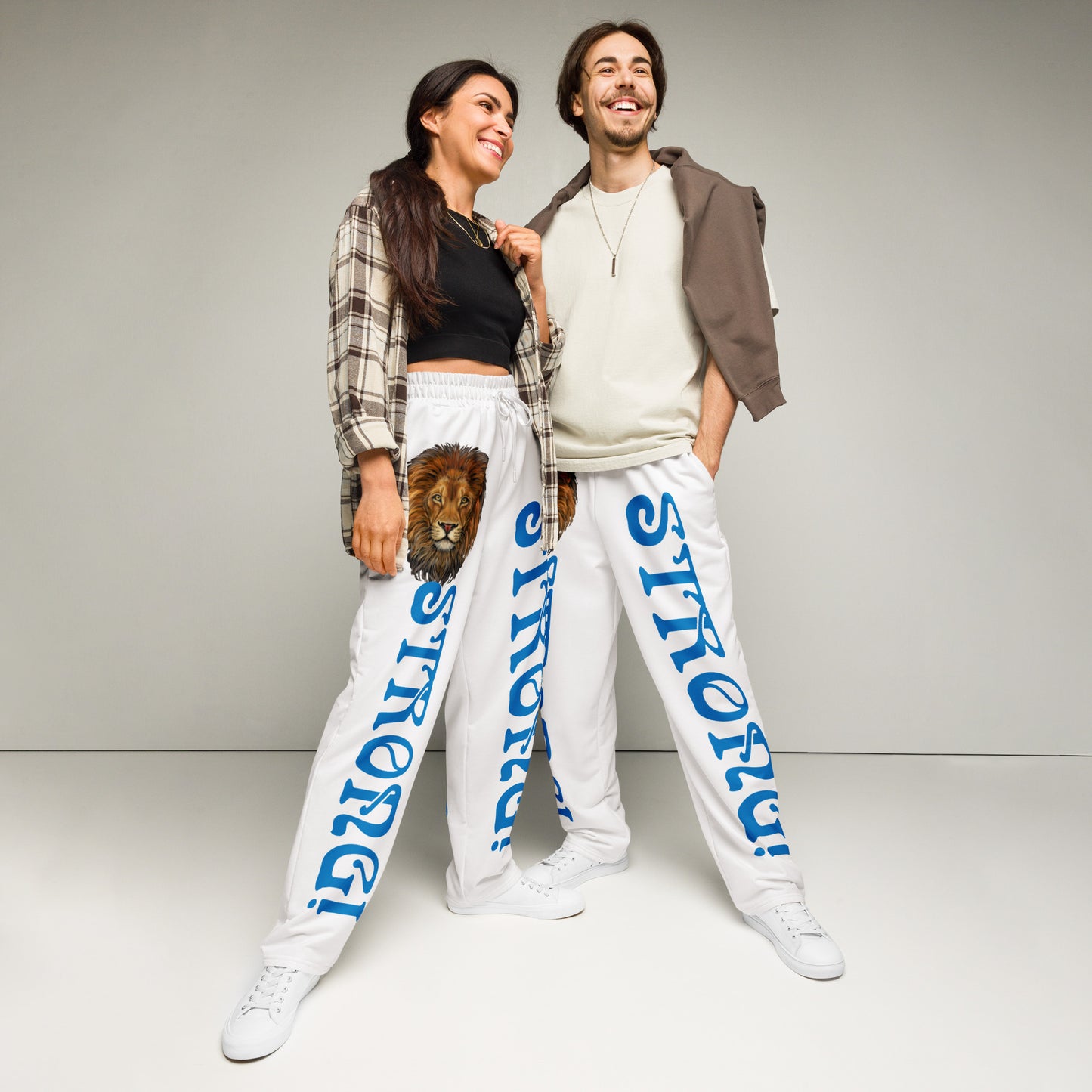 “STRONG!” White Wide-Leg Joggers W/Blue Font