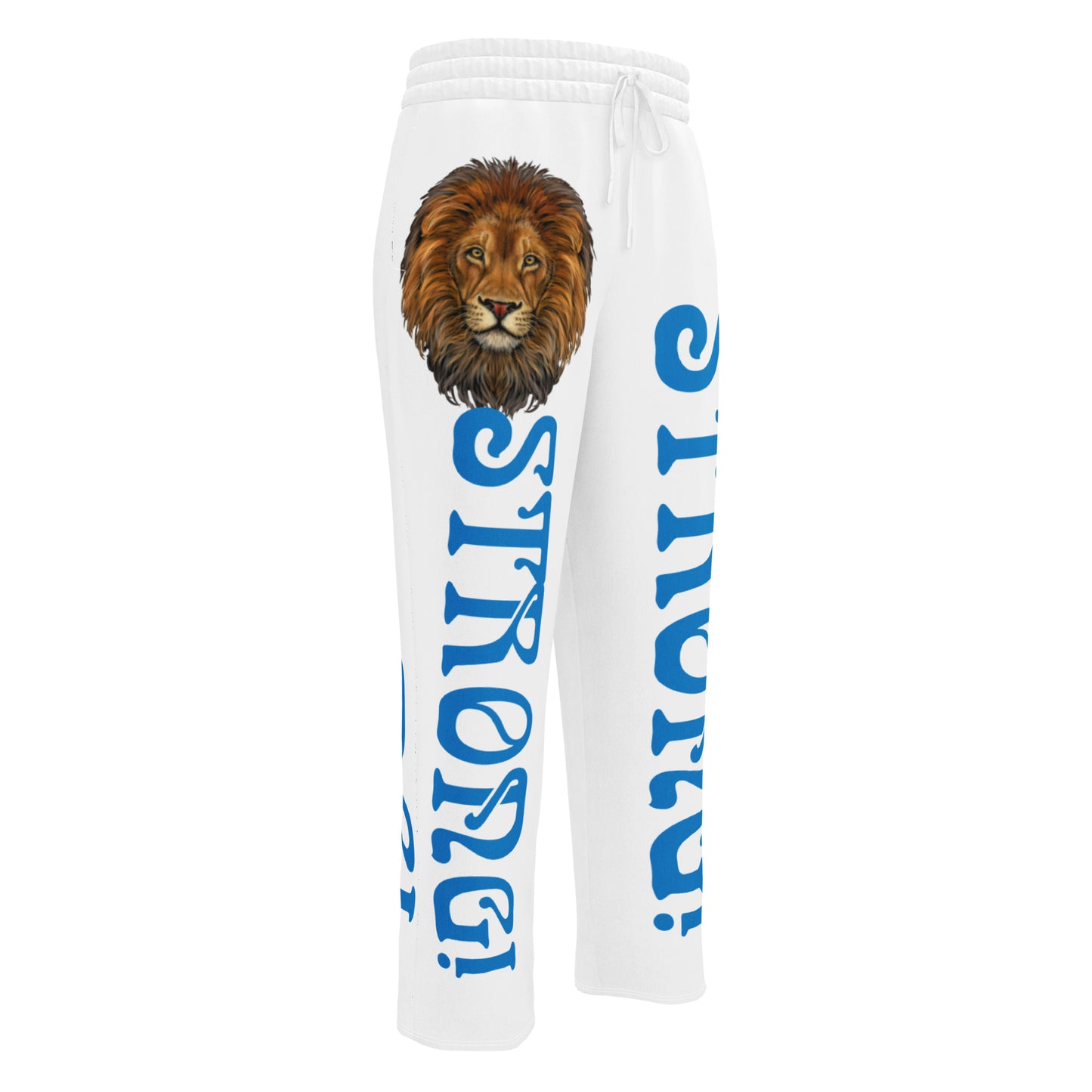 “STRONG!” White Wide-Leg Joggers W/Blue Font