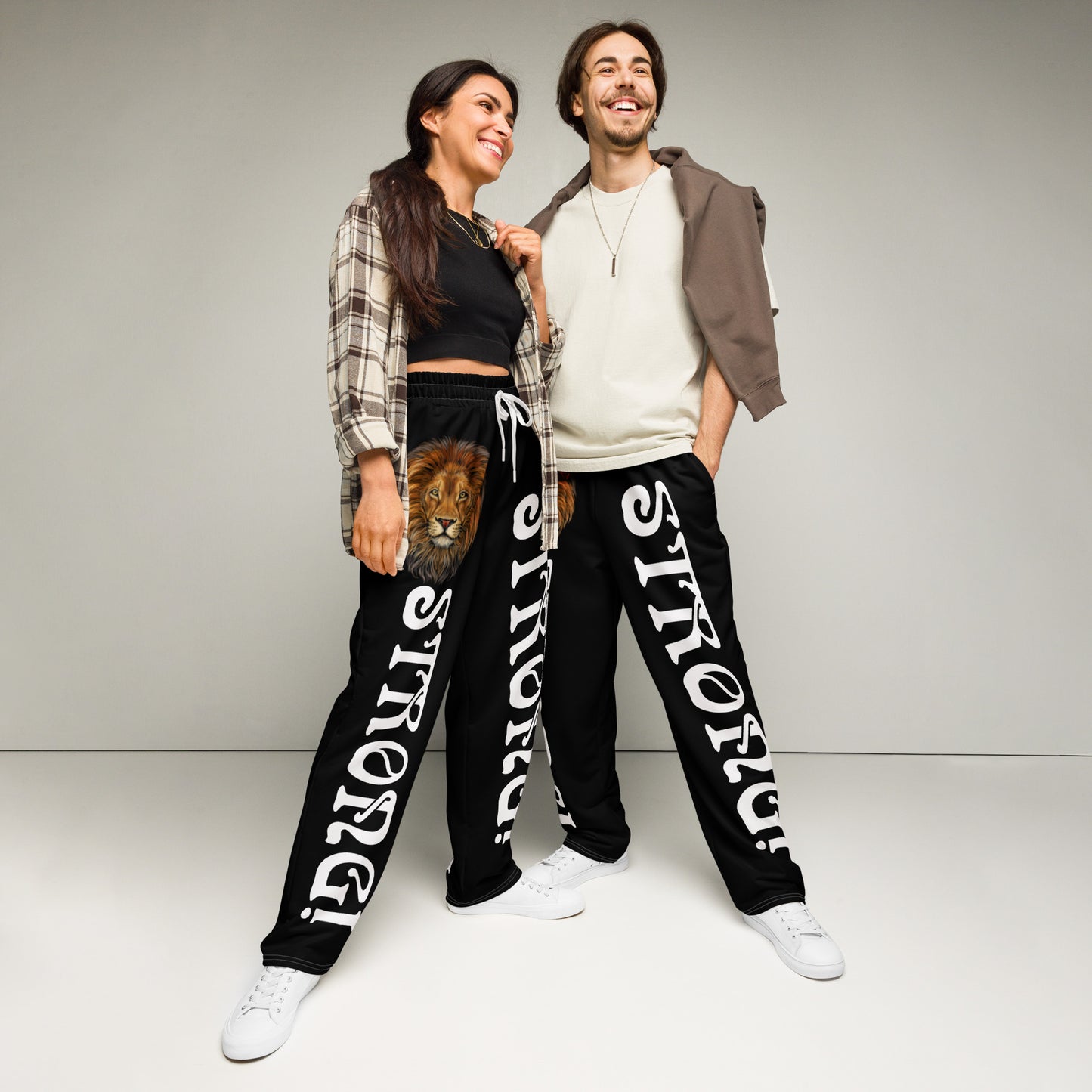 “STRONG!” Black Wide-Leg Joggers W/White Font