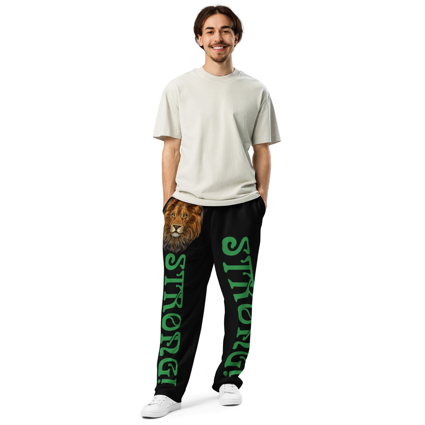 “STRONG!” Black Wide-Leg Joggers W/Green Font