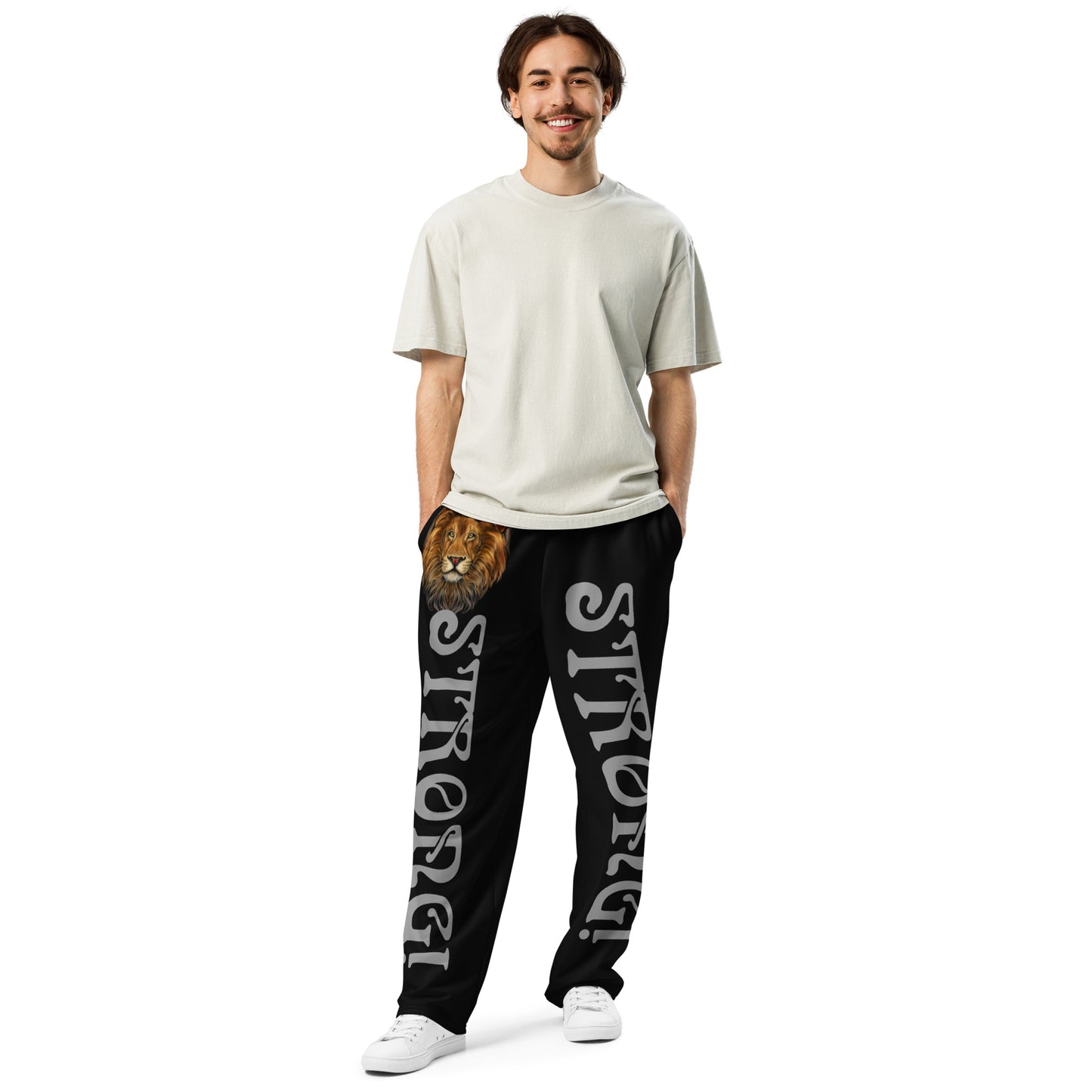 “STRONG!” Black Wide-Leg Joggers W/Grey Font