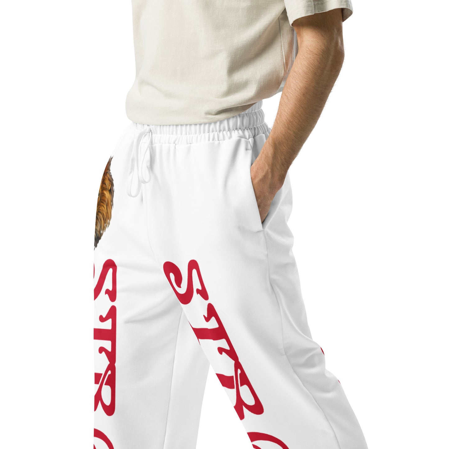 “STRONG!” White Wide-Leg Joggers W/Red Font