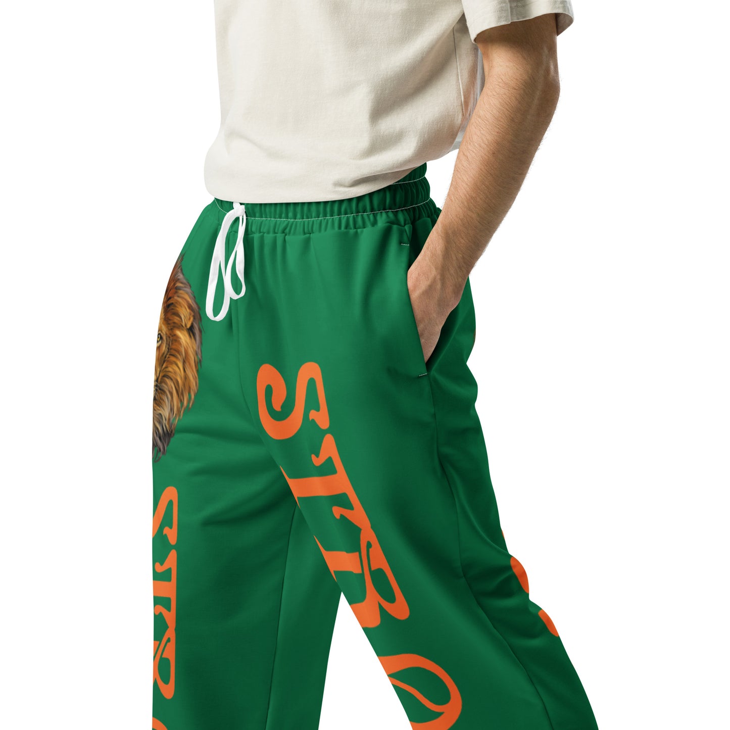 “STRONG!”Green Wide-Leg Joggers W/Orange Font