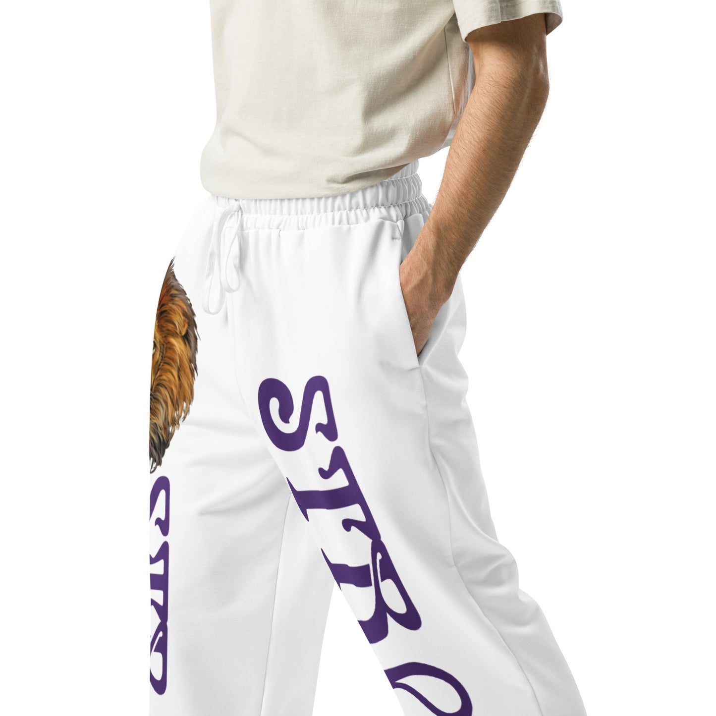 “STRONG!” White Wide-Leg Joggers W/Purple Font