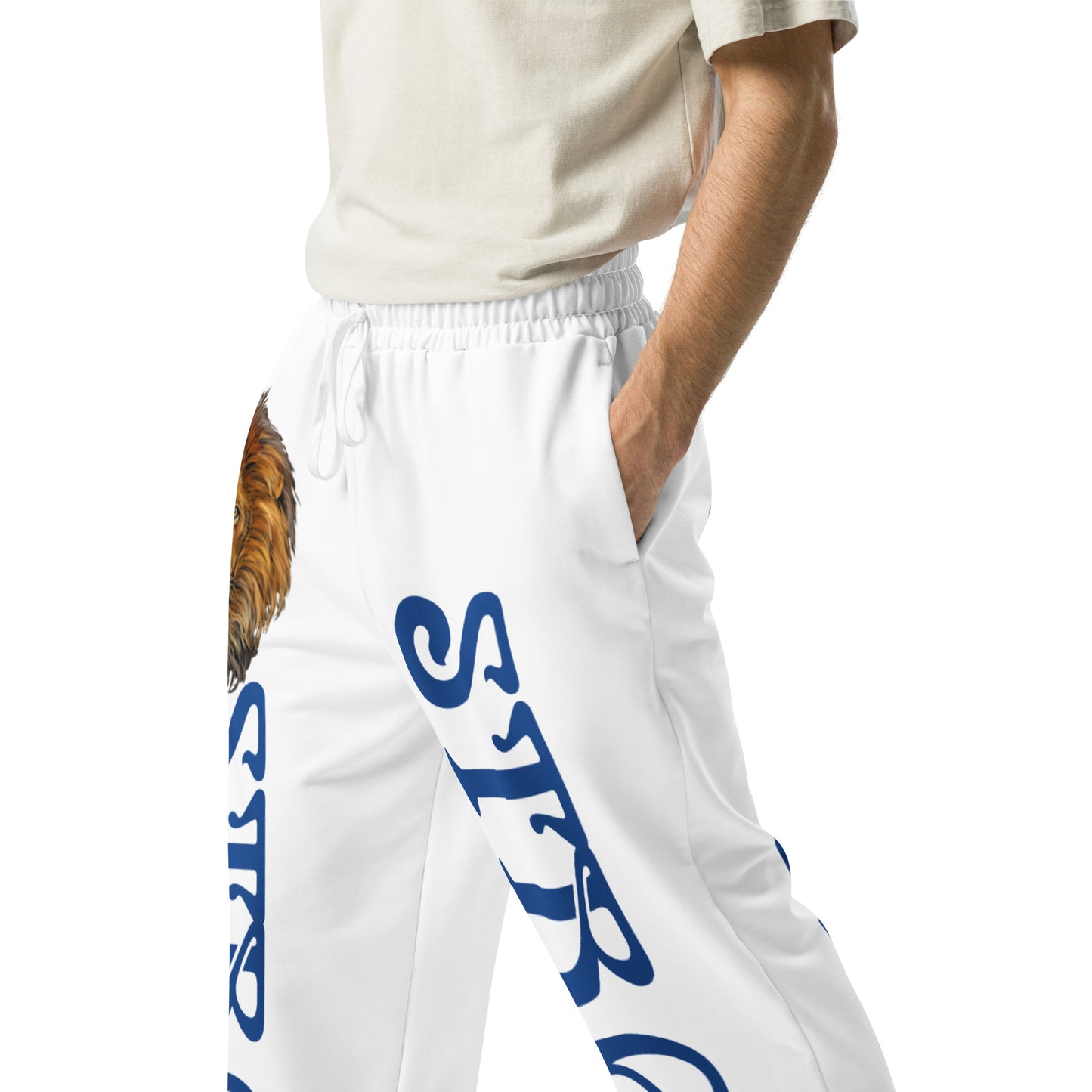 “STRONG!” White Wide-Leg Joggers W/Navy Font