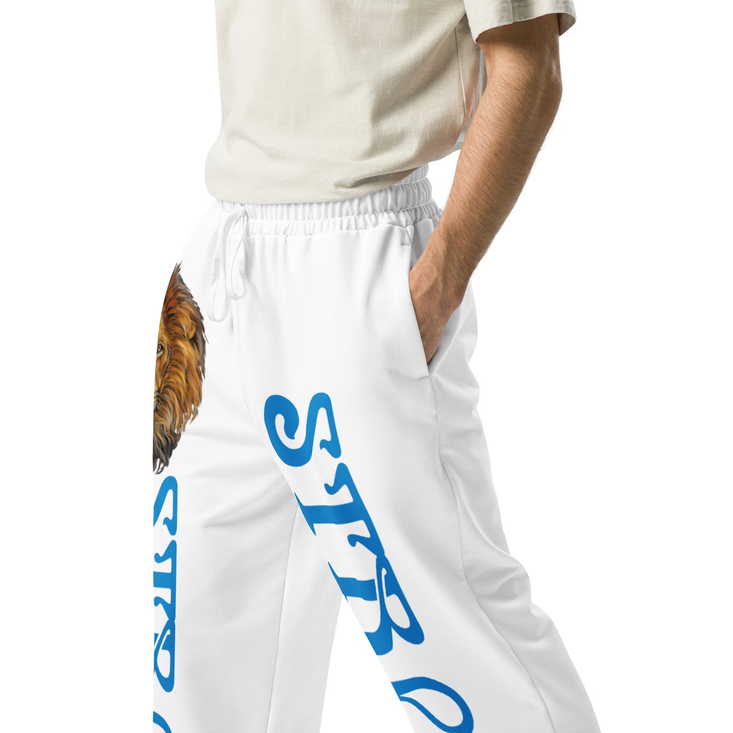 “STRONG!” White Wide-Leg Joggers W/Blue Font